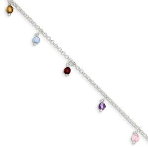 Multicolored Crystal And Sterling Silver 2mm Cable Anklet, 9-10 In